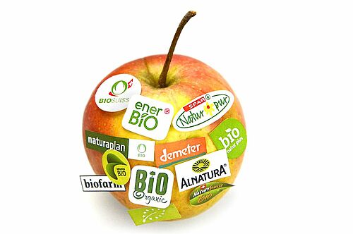 Apfel mit verschiedenen aufgeklebten Biologos