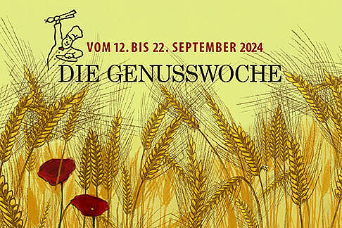 Ein Logo mit Getreide, Blumen und einem Koch.