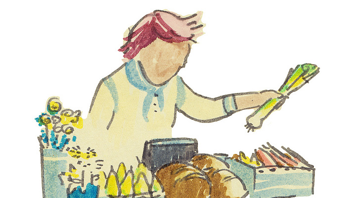 Illustration einer Frau an einem Marktstand.