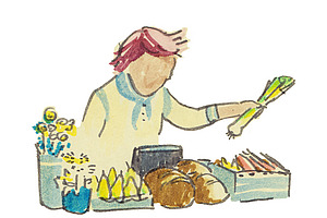 Illustration einer Frau an einem Marktstand.