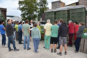 Besuchergruppe beim Zuhören, im Hintergurnd Gemüsekisten