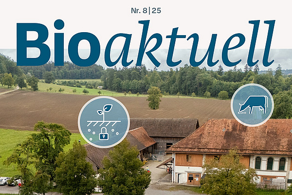 Titelseite Bioaktuell 8|25: Luftaufnahme eines Hofs mit verschiedenen blauen Piktogrammen.