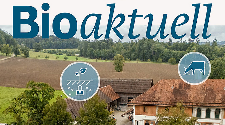 Titelseite Bioaktuell 8|25: Luftaufnahme eines Hofs mit verschiedenen blauen Piktogrammen.