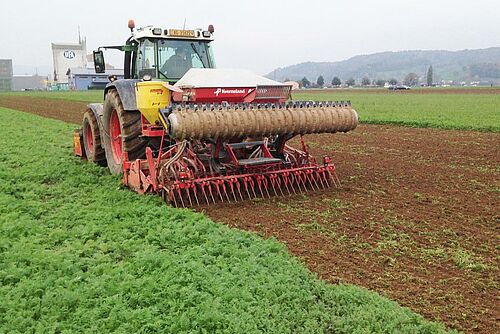 Traktor mit Maschine im Einsatz auf einer Gründüngung