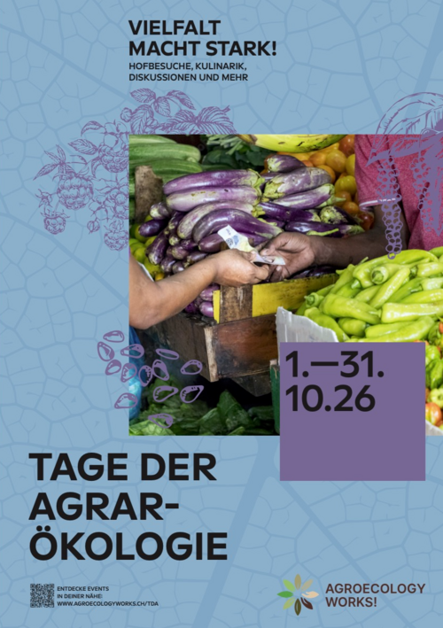 Offizielles Veranstaltungsposter zu den Tagen der Agrarökologie. Es wirbt für ein buntes und vielseitiges Programm im Oktober.