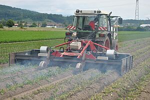 Ein Traktor mit Abflammgerät fährt über einen Kartoffelacker