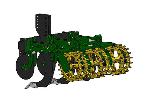 Graphische Darstellung eines landwirtschaftlichen Bodenlockerungsgeräts.
