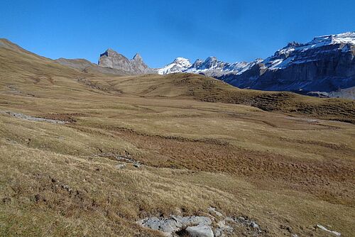 Alp im Herbst mit brauner Grasnarbe, im Hintergrund Schneeberge