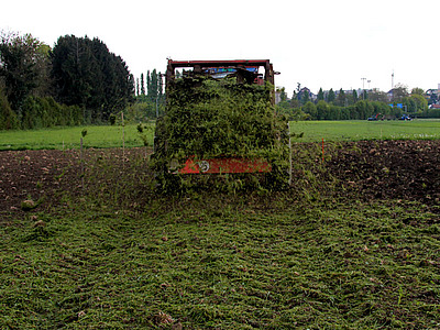 Mit dem Miststreueer wird das Gras auf dem Feld verteilt.