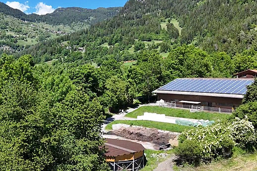 Von Wald umgebener Betrieb mit Solaranlage auf dem Dach.