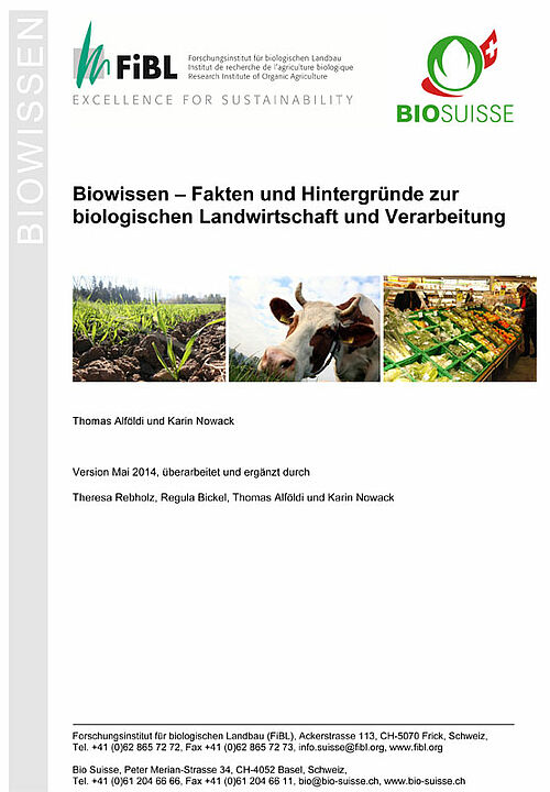 Titelseite von Biowissen mit drei Bildern: kleine Getreidepflänzchen, Kuh, Gemüseauslage in Supermarkt
