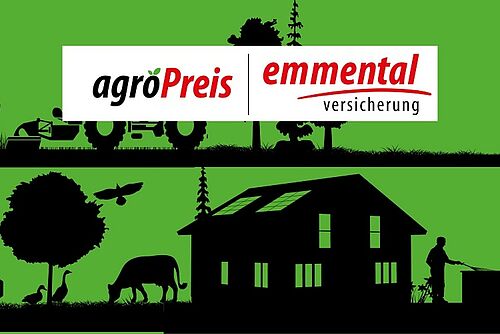 Eine Grafik mit schwarzen Silouetten auf grünem Hintergrund und dem Logo.