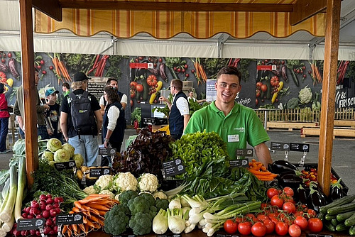 Junger Mann steht hinter einem Marktstand mit Gemüse.
