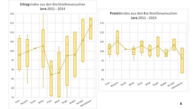 Folie mit dem Ertrags- und Proteinindex der Streifenversuche in des Juras.