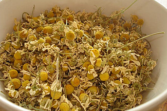 Kamillenblüten in weisser Schale