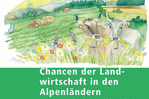 Titelseite mit Bild einer Landschaft mit Blumenwiese, zwei Kühen und einem Traktor mit Ladewagen