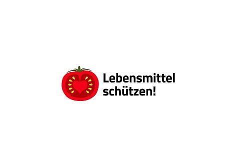 Gezeichnete Tomate, daneben die Worte "Lebensmittel schützen".
