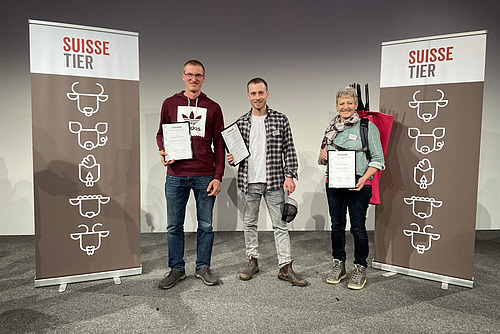 Zwei Männer und eine Frau auf einer Bühne mit zwei Rollups.