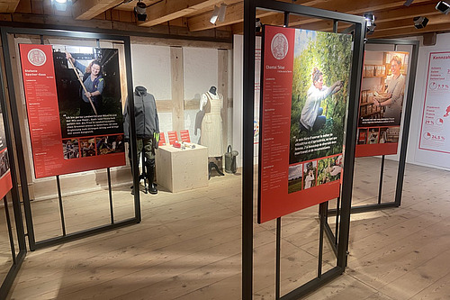 Blick in eine Ausstellung mit bebilderten und beschrifteten Stelen. 